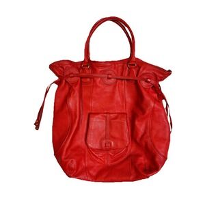 Isaac Mizrahi Live! Red Pebbled Leather Large Tote Hobo Bag Drawstring Gold Feet